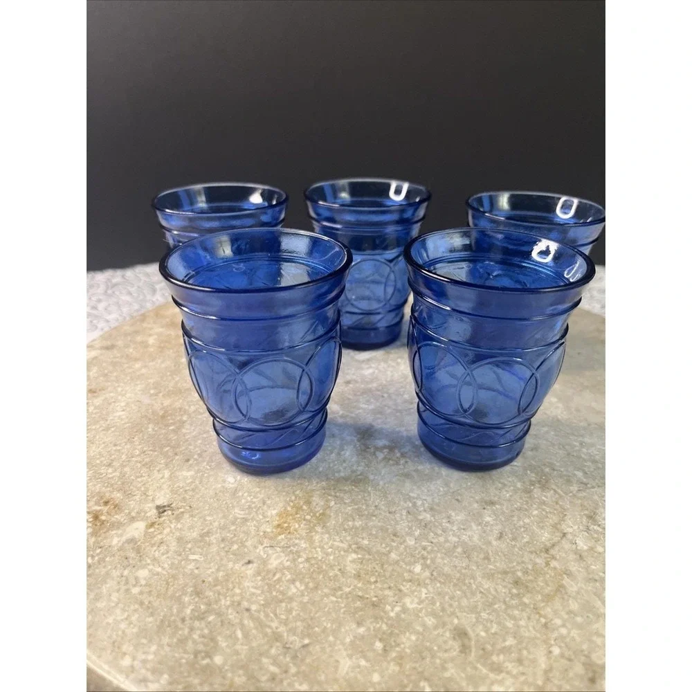 Set Of 5 1930's Hazel Atlas Blue Cobalt Ring of Rings 3 Oz Cordial Shot Glasses